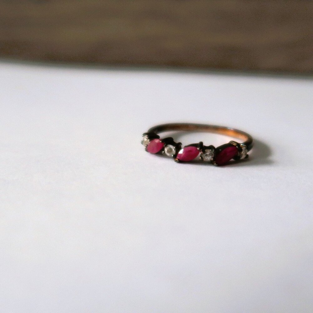 SX 925 Thailand Sterling Silver Rustic Ring Pink White Stones Sz 8.75